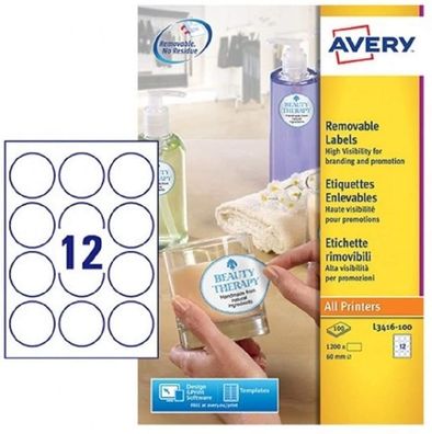 AVERY Zweckform L3416-100 runde Etiketten (zum Bedrucken, selbstklebend, Ø 60 mm, A4,