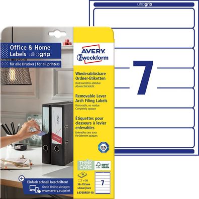 AVERY Zweckform L4760REV-10 Ordnerrücken Etiketten (70 Rückenschilder mit ultragrip,