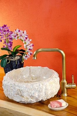 Handwaschbecken Marmor Bruchstein Waschbecken Beige Rustikale Naturstein Bad Stein