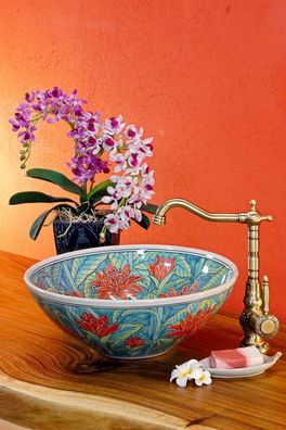 Keramik Waschbecken Sukhumvit III Blumen Handbemaltes Orientalisches Blumenmuster