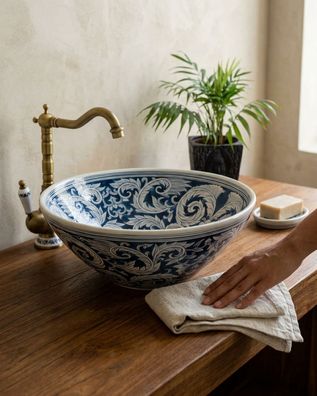 Keramik Waschbecken Sukhumvit V Blau Weiß Handbemaltes Orientalisches Ming Ranken