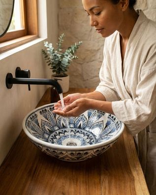Keramik Waschbecken Sukhumvit VI Blau Handbemaltes Orientalisches Ornament Aztekisch