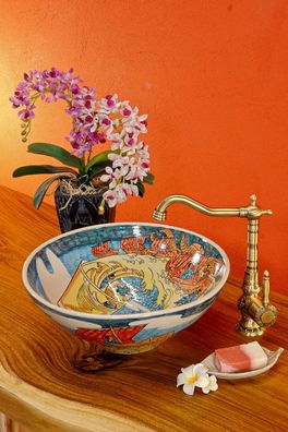 Keramik Waschbecken Okinawa II Handbemaltes Orientalisches Japanisch Japanisches Fuji