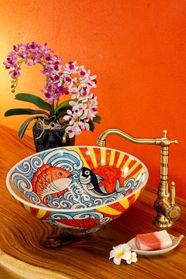 Keramik Waschbecken Okinawa III Koi Handbemaltes Orientalisches Japanisch Japanisches