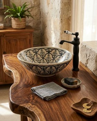 Orientalisches Keramik-Waschbecken CHAREE - handbemalt, Arabesken Schwarz-Weiß