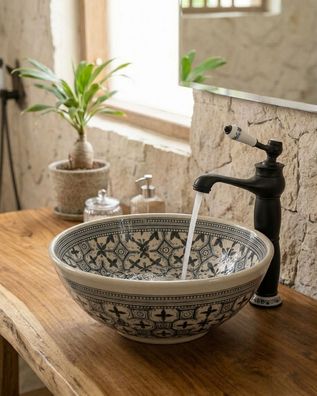Orientalisches Keramik-Waschbecken NIRAN - handbemalt, geometrisches Karo Waschschale