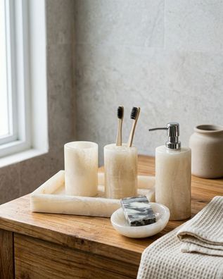 Badezimmer Set Onyx Marmor - 5-teilig aus hellem Naturstein Bad Badaccessoires Hell