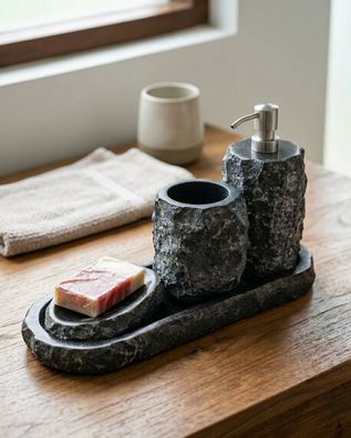 Andesit Marmor Badezimmer Set - schwarzer Naturstein, 4-teilig aus Indonesien Bad
