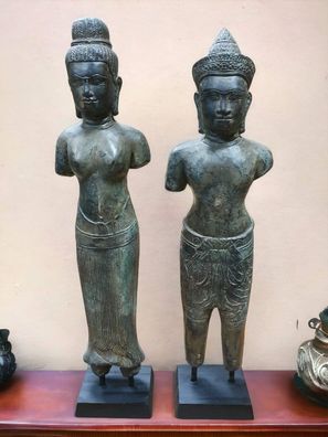 Bronze Statue Paar Khmer König und Königin Angkor Buddha Figur Asiatische Deko Kunst
