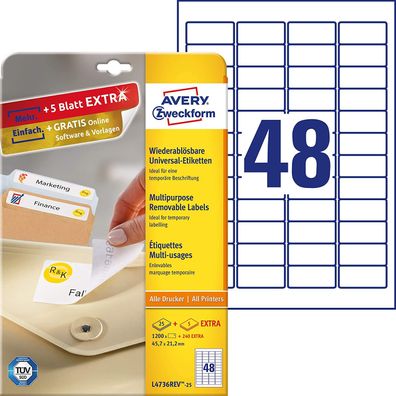 AVERY Zweckform L4736REV-25 Universal Etiketten (1.200 plus 240 Klebeetiketten extra,