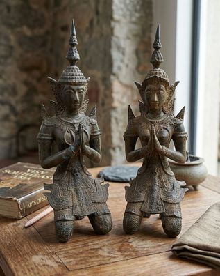 Theppanom Bronze Statue Paar - Tempelengel Thailand kniend Thai Engel Kniende Buddha