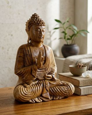 Suar Holz Buddha Figur - handgeschnitzt Indonesien Skulptur Massivholz Sitzender Deko