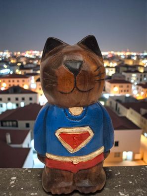 Super Katze Holz Deko Superman Held Retter Kind Kinderzimmer Katzenfigur Holzfigur