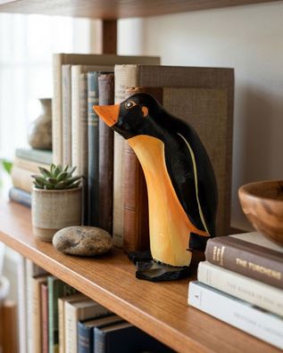 Deko-Holzpinguin (30 cm) - handbemalt, Bambus-Figur Pinguin Holz Holzfigur