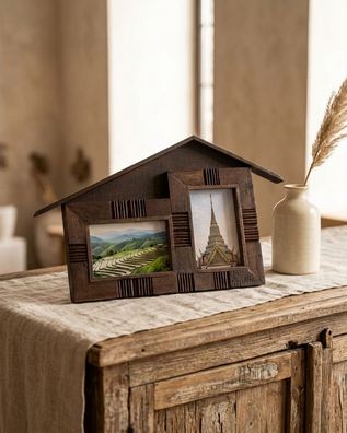 Teakholz-Bilderrahmen Hausform - handgefertigt, Echtholz Haus Form Holz Teak 10x15