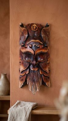 Bali Holz Maske - handgeschnitzte Wandmaske im Barong-Stil Holzmaske Balinesische