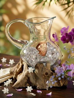 Glas Krug auf Wurzelholz - Karaffe mit Teak-Sockel, 25 cm Glaskaraffe Holz Wasserkrug