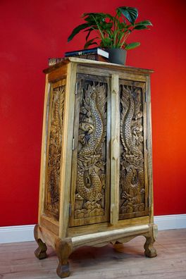 Akazie Massivholz Schrank DRAGON I - Thailand Schnitzerei Holzschrank Wohnzimmer Thai