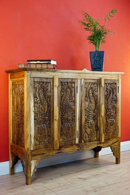 Massivholz Schrank DRAGON II - Sideboard mit handgeschnitzten Drachenreliefs, 80×96