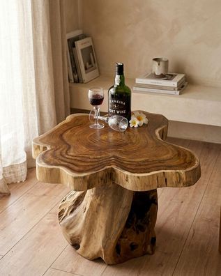 Wurzelholz Beistelltisch ALOR SETAR III - Teak, 50 × 55-60 cm Rund Baumscheibe Massiv