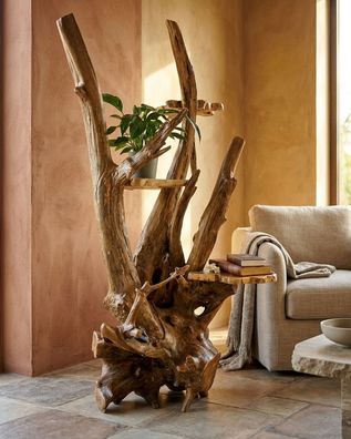 Wurzelholz Blumentreppe TONLE SAP XL - Teak-Wurzelstock mit Scheiben-Ablagen, 180 cm