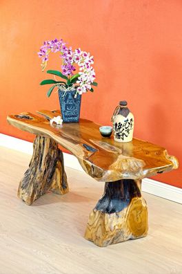 Teak Wurzelholz Couchtisch - 120×40-45 cm, lang und schmal Baumscheiben Tisch Möbel