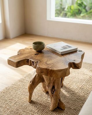 Wurzelholz Beistelltisch ALOR SETAR IV - Teak, 50 × 65-70 cm Großer Holz Baumscheibe