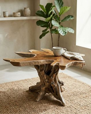 Wurzelholz Couchtisch ALOR SETAR VI - Teak, 50 × 80-90 cm Rund Baumscheibe Massiv