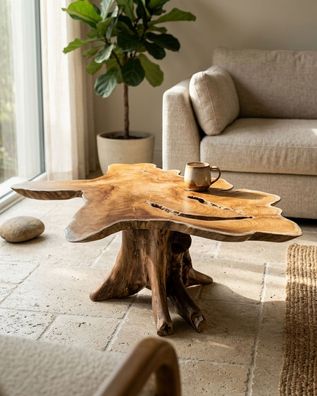Wurzelholz Couchtisch ALOR SETAR VII - Teak, 50 × 90-100 cm Großer Holz Groß Rund