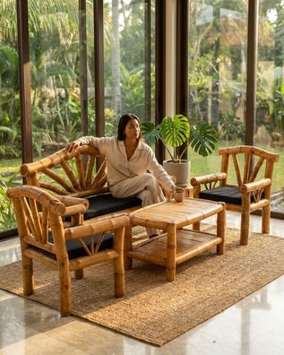 Bambus Sitzgruppe UBUD - Bank, 2 Sessel und Tisch aus Naturbambus Gartensitzgruppe