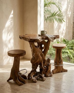 Teak Wurzelholz Bartisch + 2 Hocker BURI RAM - Wurzelstock-Fuß, Indonesien Holz Tisch