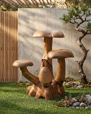 4er Wurzelholz Skulptur Pilz - Teak, handgefertigt Deko Holz Gross Dekoration Set