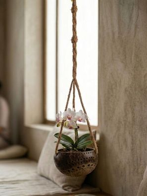 Hängende Kokosnuss Blumenampel - handgearbeitete Naturdeko Deko Kokos Blumentopf