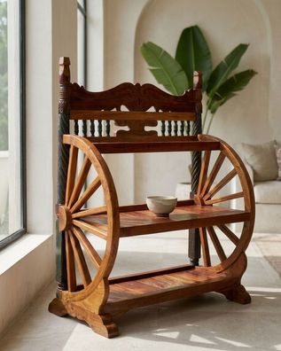 Wagenrad Regal Somboon - Teak Standregal mit Wagenrädern Rustikales Holzregal Holz