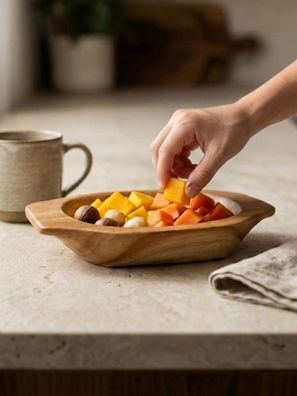 Teakholz Servierschale mit Griff - Obstschale aus Echtholz Teak Schale Holzschale