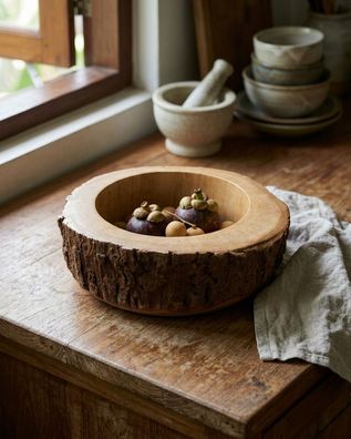 Mangoholz Schale rund natur - mit Rinde, ca. 25 cm Holzschale Mango Obstschale Holz