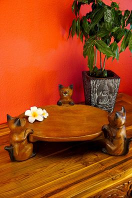 Holz Schale mit Katzen aus Akazienholz - auf 3 Katzenfiguren, ca. Ø 40 cm Holzschale