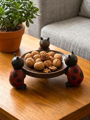 Holz Deko-Schale mit 3 Marienkäfern - Schlüsselschale, Suar Holzschale Marienkäfer