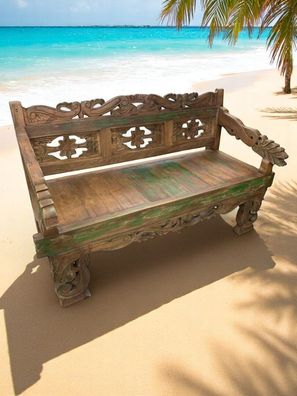 Gartenbank Teak ALTOS - Altholz, Schnitz-Rückenlehne, 3-Sitzer Bank Schnitzerei Bali