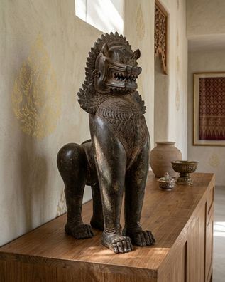 Wächter Löwe Bronze Statue - Thailand Foo Dog Hund Chinesischer Asiatische Deko Figur