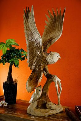 Suar Holz Schnitzerei Eule - handgeschnitzte Skulptur, ca. 83 cm Eulen Figur Deko