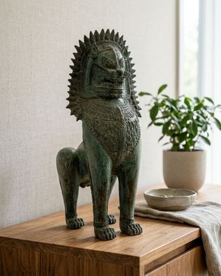 Wächter Löwe Bronze Statue Klein - Fu-Hund Thailand Foo Dog Asiatische Deko Thai