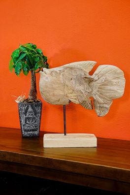 Wurzelholz-Skulptur Koi-Karpfen - Teak handgeschnitzt, Indonesien Deko Fisch Holz