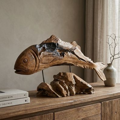 Teak Wurzelholz Fisch - Handgeschnitzte Fisch-Skulptur Holzfisch Deko Holz Groß