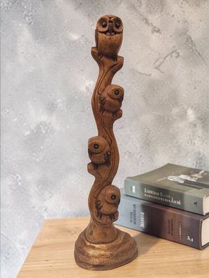 Eulen Holzfigur - 4 Eulen am gewundenen Ast aus Suarholz, Thailand Deko Holz Eule
