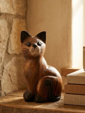 Holzkatze sitzend - handgeschnitzte Suarholz-Deko aus Thailand Katze Holz Geschnitzte