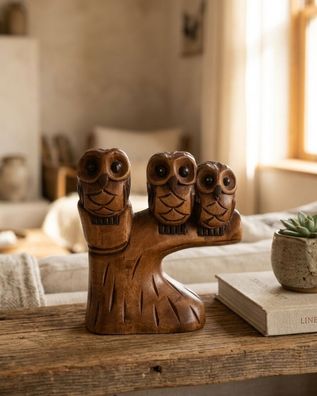 3 Eulen auf Ast - handbemalte Holz-Schnitzerei aus Suar Deko Figur Eule Geschenk