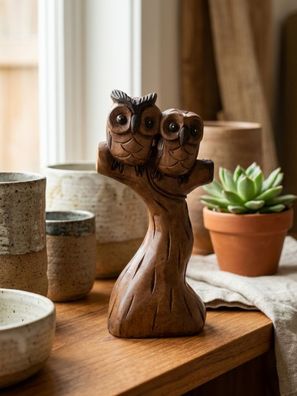 Holz Eulenpärchen auf Stamm - handbemalte Suar-Schnitzerei, Thailand Eulen Paar Deko