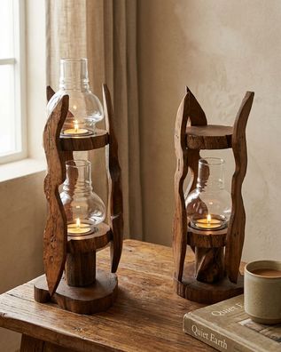 Teak Windlicht 2 Lichter - doppelstöckige Laterne mit 2 Glasaufsätzen, ca. 34 cm Holz