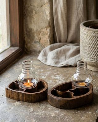 Holz Windlicht mit Schale - Teak-Baumscheibe mit Mulden & Glasballon Holzschale Deko